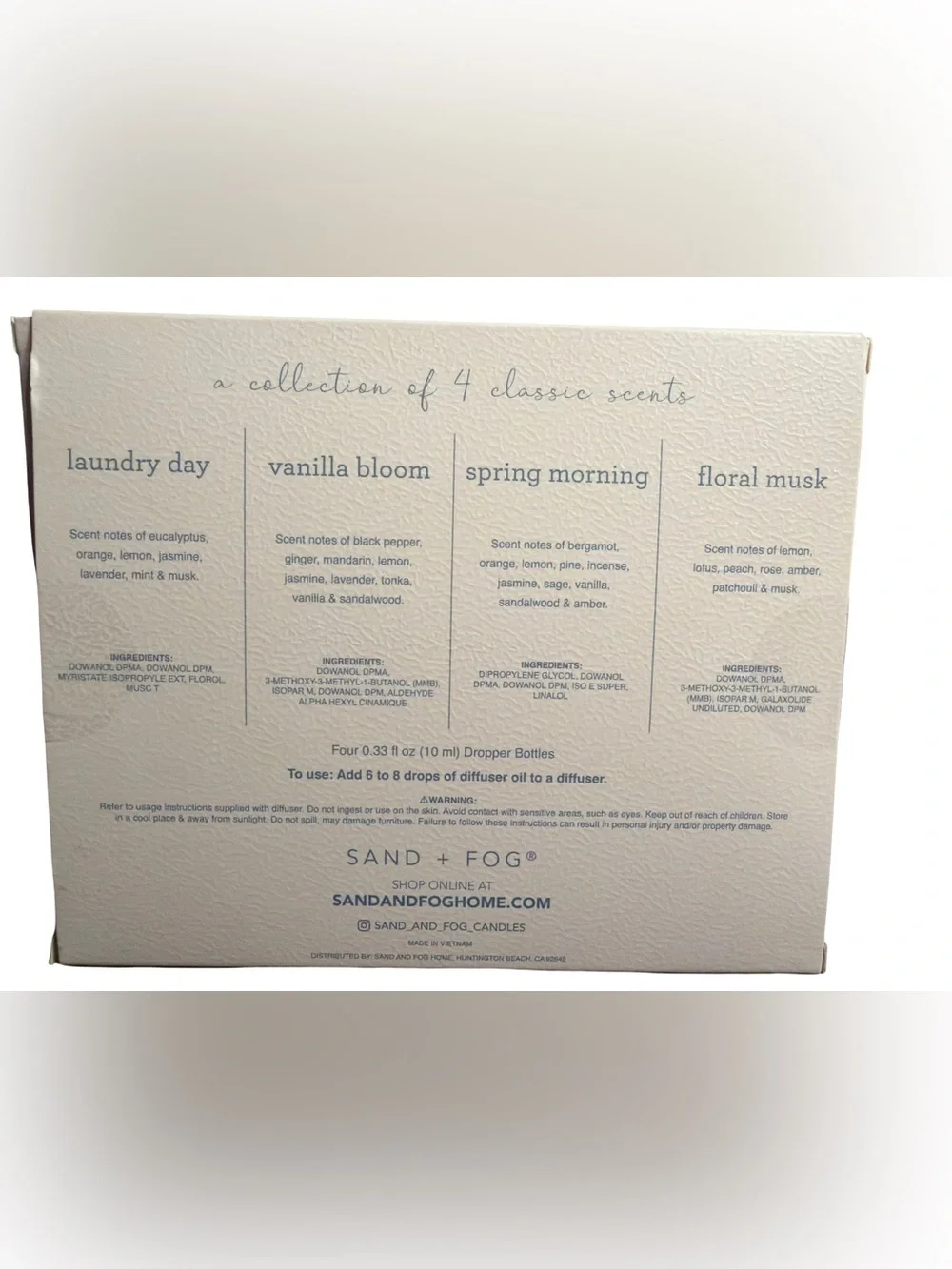 Sand & Fog NWT Diffuser Oil Set Laundry Day Floral Musk Vanilla Bloom Spring AM